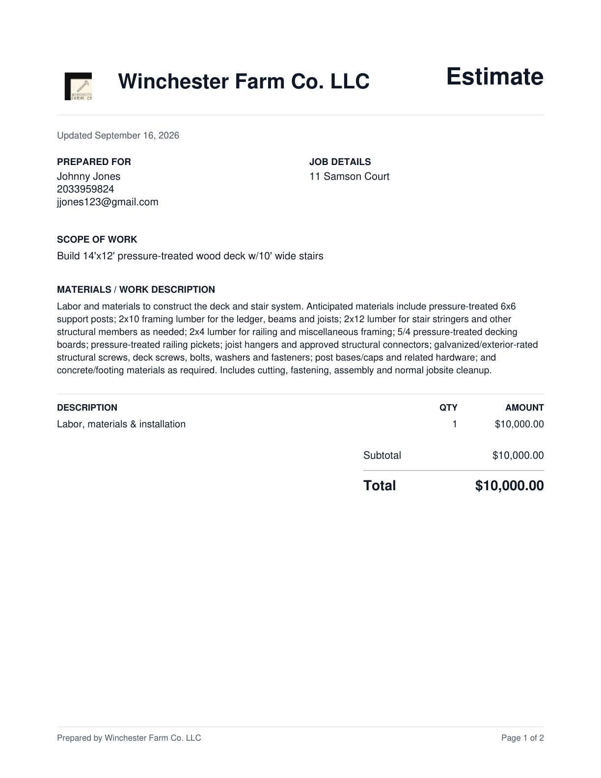 Page 1 of the revised example branded estimate with customer details, a detailed scope of work, materials description, and total